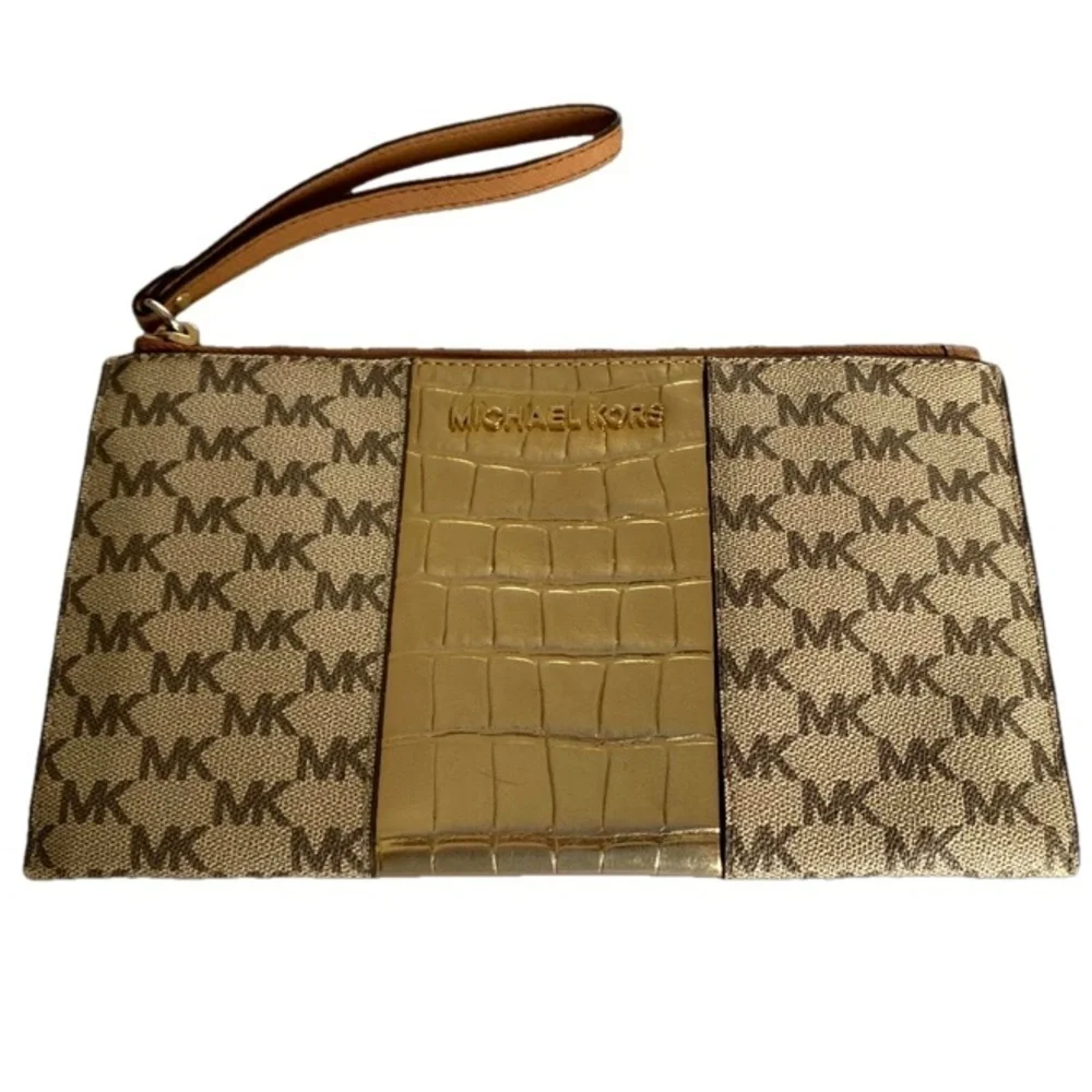Michael Kors Beige/Gold Croc Embossed Leather and MK Canvas Wristlet Clutch. 10” - Picture 1 of 15